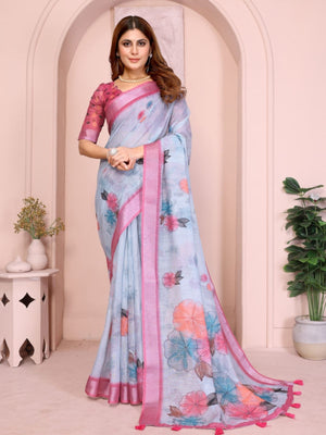 Rajwada Light Blue Cotton Printed Saree For Women