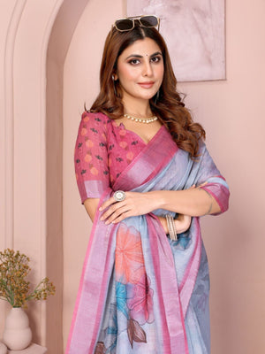 Rajwada Light Blue Cotton Printed Saree For Women