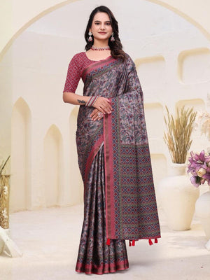 Rajwada Mauve Grey Cotton Blend Printed Saree For Women