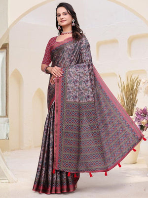 Rajwada Mauve Grey Cotton Blend Printed Saree For Women