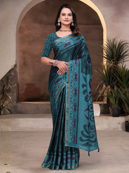 Rajwada Deep Green And Blue Cotton Blend Printed Saree For Women