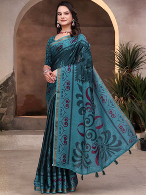 Rajwada Deep Green And Blue Cotton Blend Printed Saree For Women
