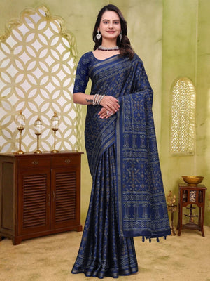 Rajwada Navy Blue Cotton Blend Printed Saree For Women
