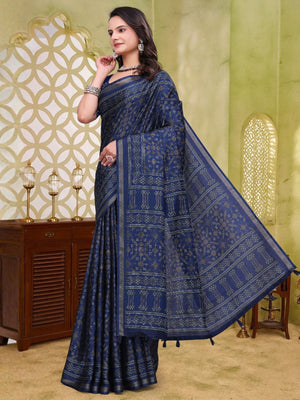 Rajwada Navy Blue Cotton Blend Printed Saree For Women
