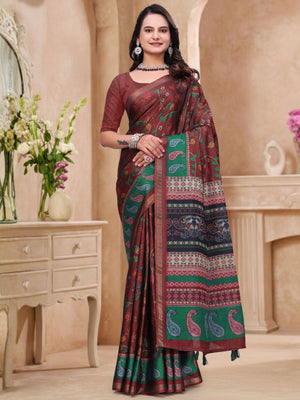 Rajwada Brown Cotton Blend Printed Saree For Women