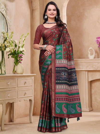 Rajwada Brown Cotton Blend Printed Saree For Women
