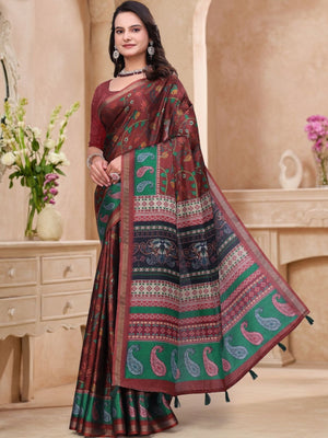 Rajwada Brown Cotton Blend Printed Saree For Women
