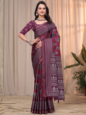 Rajwada Dusty Wine Cotton Blend Printed Saree For Women