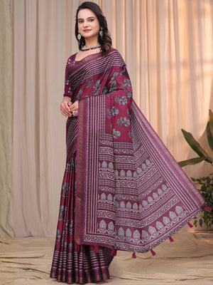 Rajwada Dusty Wine Cotton Blend Printed Saree For Women