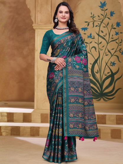 Rajwada Deep Green Cotton Blend Printed Saree For Women