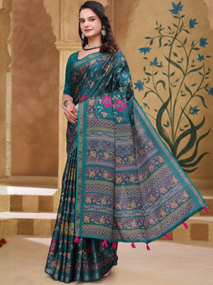 Rajwada Deep Green Cotton Blend Printed Saree For Women