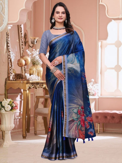 Rajwada Dark Blue Cotton Blend Printed Saree For Women