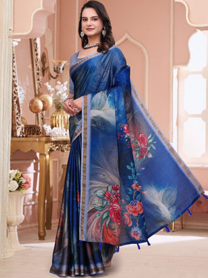 Rajwada Dark Blue Cotton Blend Printed Saree For Women