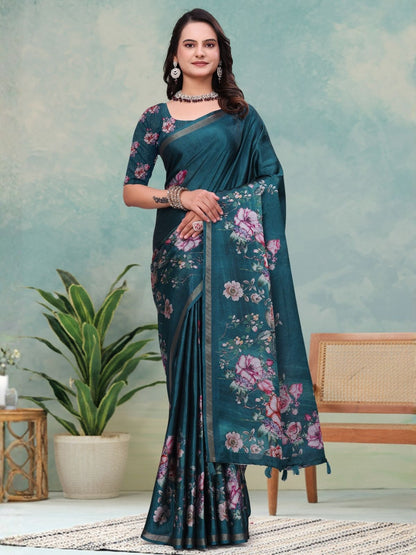 Rajwada Dark Green Cotton Blend Printed Saree For Women