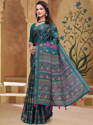 Rajwada Dark Green Cotton Blend Printed Saree For Women