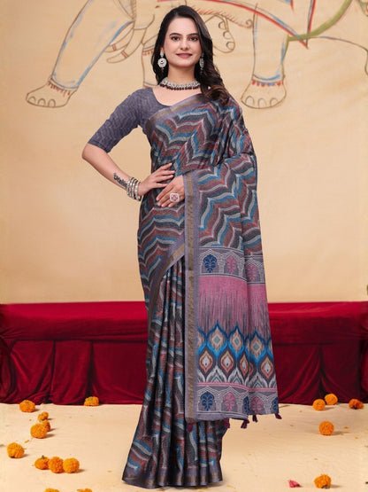 Rajwada Grey Cotton Blend Printed Saree For Women