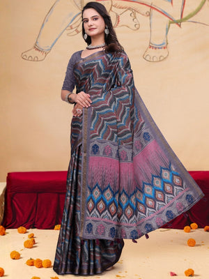 Rajwada Grey Cotton Blend Printed Saree For Women