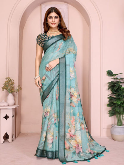 Rajwada Teal  Green Cotton Printed Saree For Women
