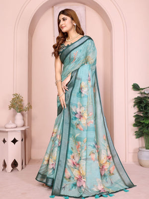 Rajwada Teal  Green Cotton Printed Saree For Women