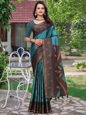 Rajwada Teal Green Cotton Blend Printed Saree For Women