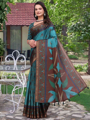 Rajwada Teal Green Cotton Blend Printed Saree For Women