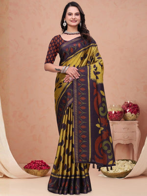 Rajwada Golden and Purple Cotton Blend Printed Saree For Women
