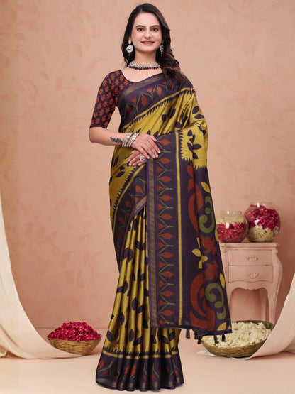 Rajwada Golden and Purple Cotton Blend Printed Saree For Women