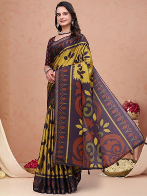 Rajwada Golden and Purple Cotton Blend Printed Saree For Women