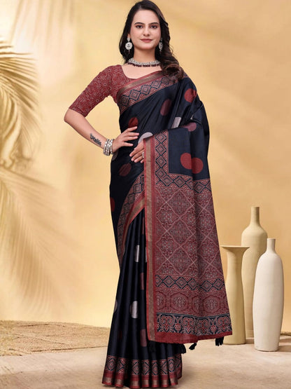 Rajwada Black Cotton Blend Printed Saree For Women