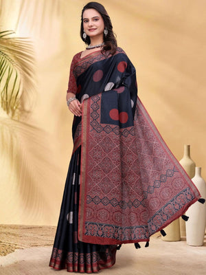Rajwada Black Cotton Blend Printed Saree For Women