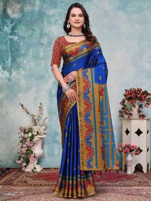 Rajwada Royal Blue Cotton Blend Printed Saree For Women