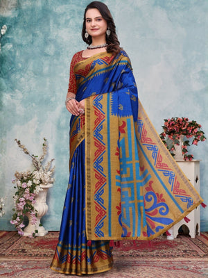 Rajwada Royal Blue Cotton Blend Printed Saree For Women
