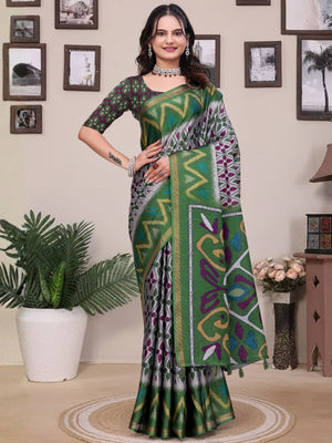 Rajwada Grey And Green Cotton Blend Printed Saree For Women