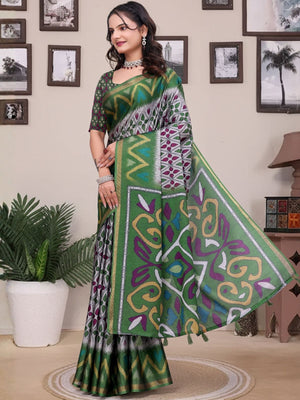 Rajwada Grey And Green Cotton Blend Printed Saree For Women