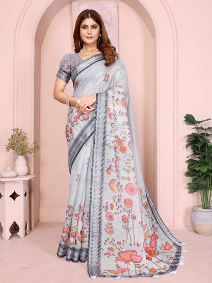 Rajwada Light Grey Cotton Printed Saree For Women