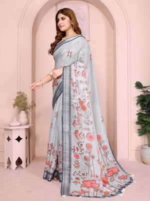 Rajwada Light Grey Cotton Printed Saree For Women