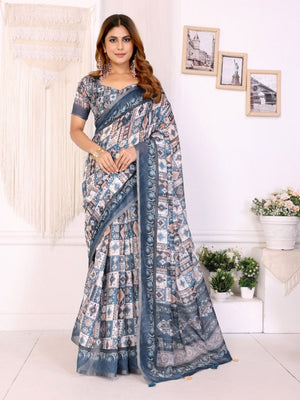 Rajwada Grey Cotton Printed Saree For Women