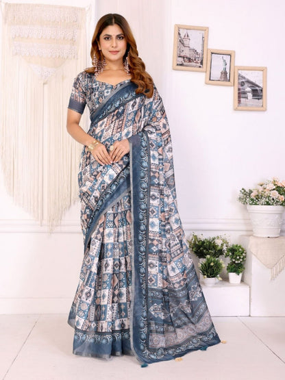 Rajwada Grey Cotton Printed Saree For Women