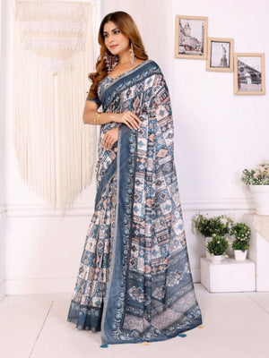 Rajwada Grey Cotton Printed Saree For Women