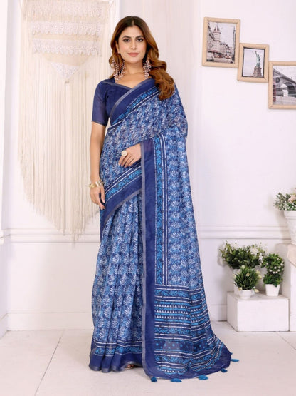 Rajwada Blue Cotton Printed Saree For Women