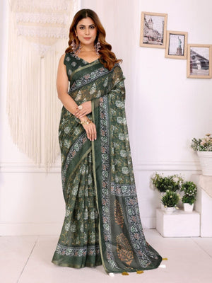 Rajwada Olive Cotton Printed Saree For Women
