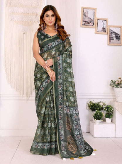 Rajwada Olive Cotton Printed Saree For Women