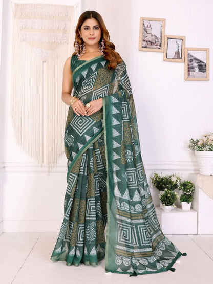 Rajwada Olive Cotton Printed Saree For Women