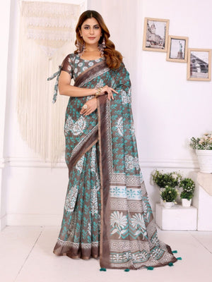 Rajwada Brown Cotton Printed Saree For Women