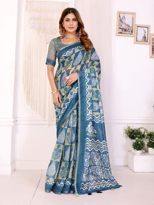 Rajwada Blue Cotton Printed Saree For Women