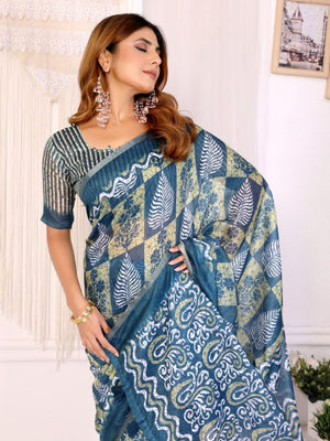 Rajwada Blue Cotton Printed Saree For Women