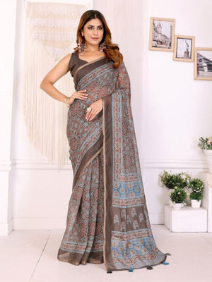 Rajwada Dark Grey Cotton Printed Saree For Women