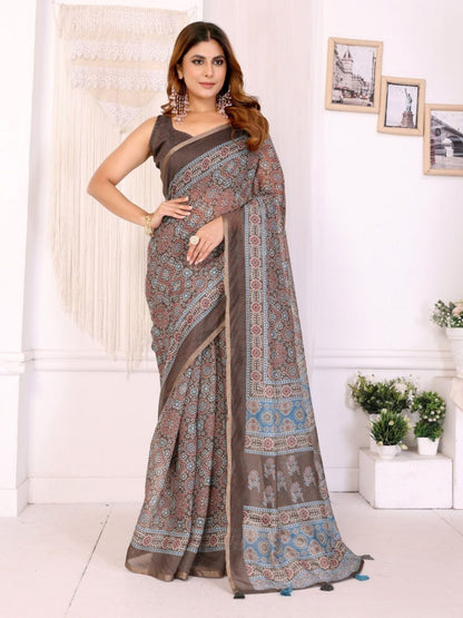 Rajwada Dark Grey Cotton Printed Saree For Women