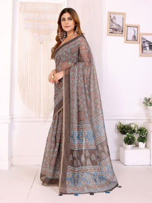 Rajwada Dark Grey Cotton Printed Saree For Women