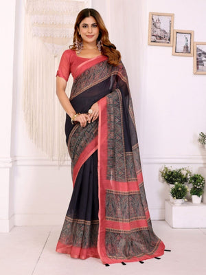 Rajwada Black Cotton Printed Saree For Women